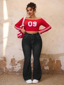 SHEIN ICON 大码前扣口袋蝴蝶结印花休闲牛仔裤 - 黑色 - 查看 3