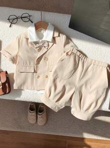 SHEIN Leap Crew 3pcs Baby Boy Outfit Set: Decorated Bowtie Collar Shirt, Elastic Waist Shorts And Notched Collar Short Sleeve Blazer - Apricot - View 5