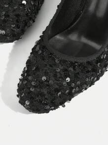 CUCCOO TILAWA Black Rhinestone Thick Heel Dress Pumps, Elegant Casual Party Wedding Date Shoes Spring Shoes Spring Break Easter Prom Heels - Black - View 6