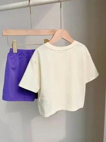 SHEIN 2pcs/Set Baby Boy Casual Korean Style Color Block Patch Pocket Crew Neck Pullover T-Shirt And Solid Woven Shorts Set, Suitable For Spring & Summer - Purple - View 2