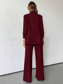 SHEIN BIZwear Solid Color Elegant OL Office Workwear Side Tie Design Flare Pants Suit  - Red - View 2
