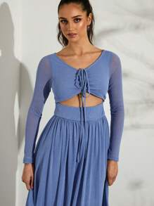 Glamine Vrouwen effen lange mouw mesh borst trekkoord midi-jurk - Elegante lente- en zomervakantiejurk, Valentijnsdag
