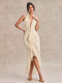 SHEIN BAE 优雅女士长裙，深 V 领，吊带设计，露背，褶皱紧身胸衣和高开衩，适合节日、派对、浪漫约会、与朋友聚会 - 杏色 - 查看 5