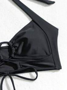 SHEIN Swim Springbreak Women Solid Color Elegant Cross Front Lace-Up Bikini Set Swimwear - Black - View 4