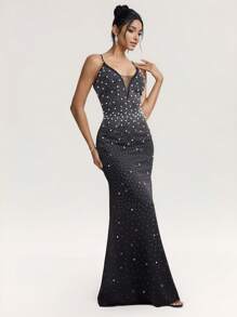 SHEIN Belle Vestido largo elegante de mujer con tirantes de espagueti adornados con strass y perlas falsas, vestido de invitada de boda, vestido de fiesta, vestido de noche, vestido de gala, color negro - Negro - Ver 6