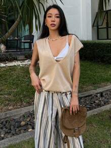 DAZY Solid Color Loose Sleeveless Deep V Neck Casual Summer Knit Tank Top For Women - Apricot - View 6