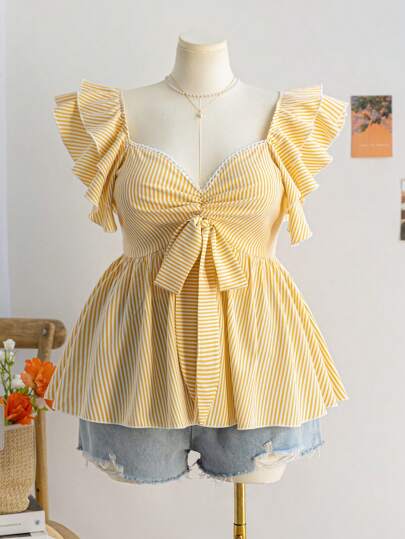 Soleia Plus Size Women's Sweetheart Neck Bowknot Ruffle Trim Cap Sleeve Back To School Casual Striped Blouse, White & Blue