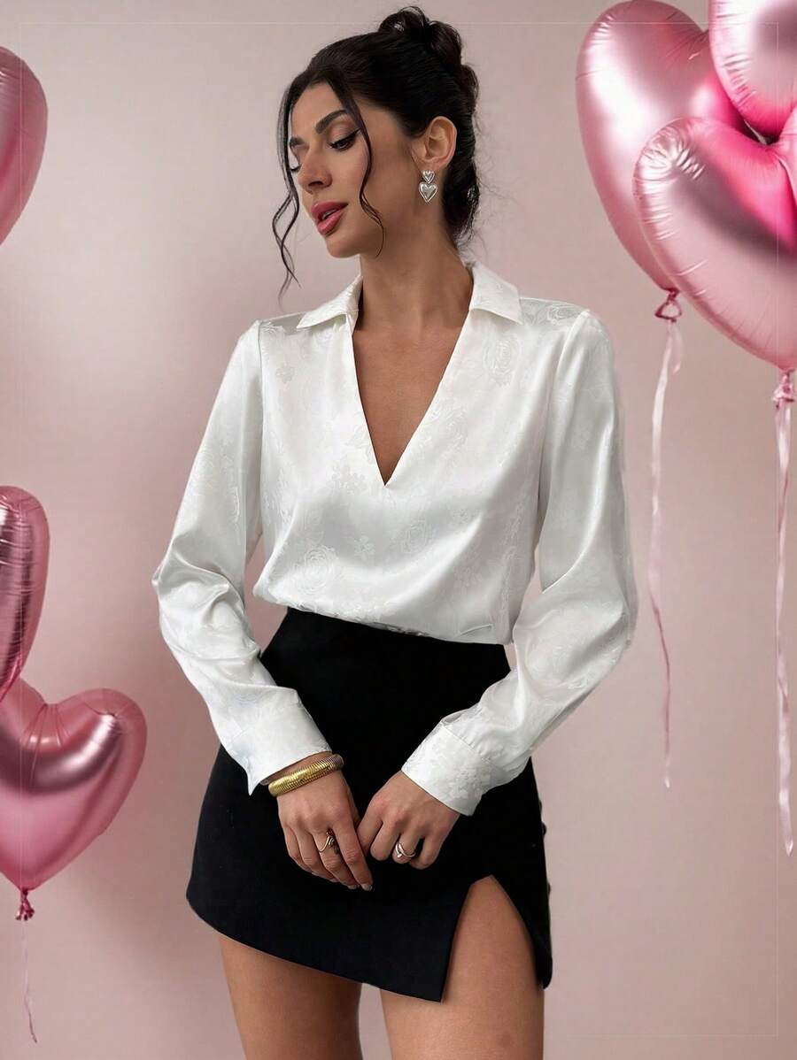 Firerie Festival New Spring/Summer Simple Elegant Commute Everyday Vintage Yellow V-Neck Pleated Textured Jacquard Long Shirt - Apricot - View 1