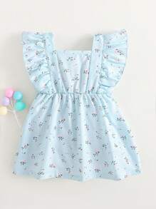 SHEIN 1 件装男婴盖袖方领碎花荷叶边裙，度假和日常穿着甜美公主风格高腰休闲连衣裙搭配凉鞋，夏季新品 - 藍色 - 查看 8