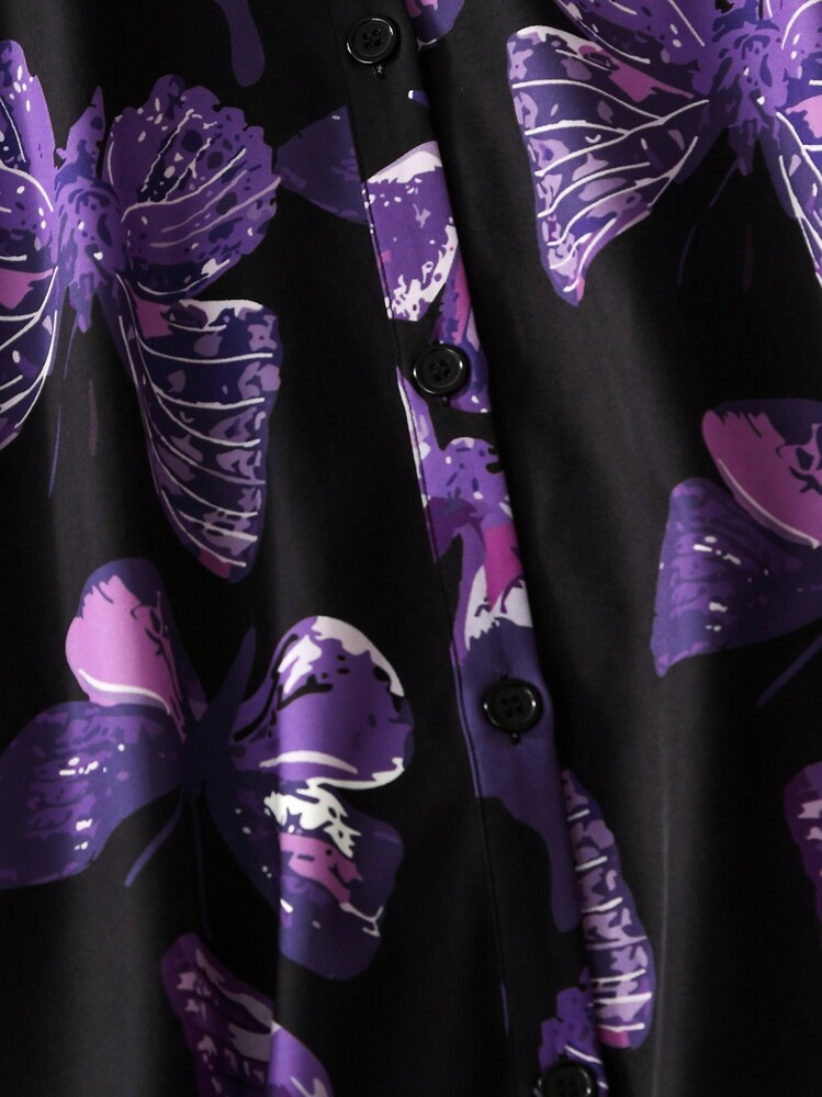 Lacomfia Plus Size Women's Purple Butterfly Printed Casual Loose Spring Autumn Blouse - Black - View 4