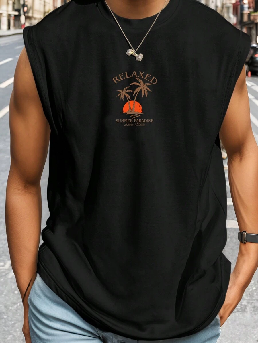 Manfinity RSRT Men's Coconut Tree Printed Sleeveless Vacation Style Tank Top Camiseta Streetwearlong T Shirtmen T Shirts Black