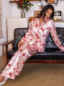 Imitation Silk Lips & Heart Pattern Cardigan & Pants Valentine's Day Pajama Set - Multicolor - View 2