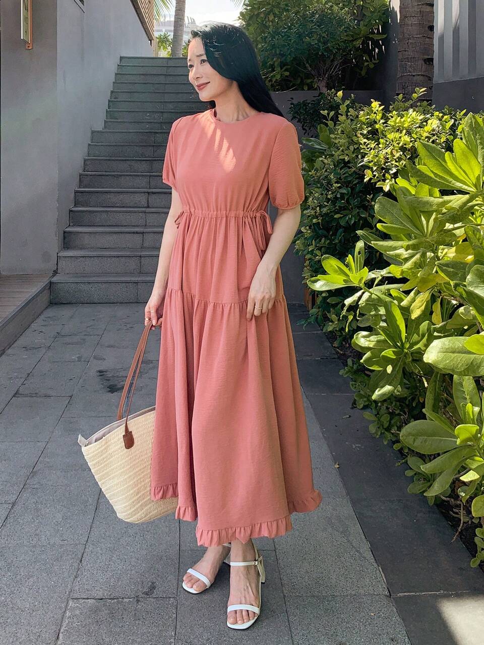 Women's Crew Neck Cinched Waist Long Dress With Unique Design,Casual Women Dresses