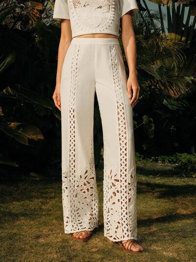 Pantalones palazzo con encaje soluble de corte elegante, primaveral, bohemio y casual para mujer