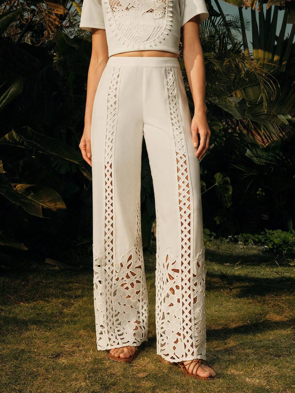 Elegant, Spring, Boho, Casual Women Soluble Lace Trim Splice Palazzo Pants