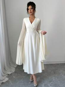 Modelyn Women's Woven Solid Color Splice Crossover Collar Long Sleeve Pleated Dress Fall Cloth For Women - Apricot - View 4