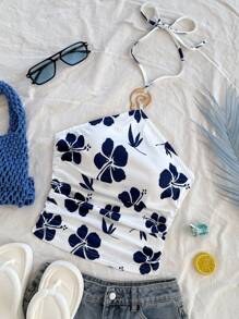 Soleia Áo hai dây cổ khoét sâu xếp ly trang trí kim loại mới, Old Money, Phụ nữ đi hòa nhạc, Thánh Patrick, Kỳ nghỉ xuân, Boho, Phù hợp với Ibiza - Xanh và trắng - Xem 4