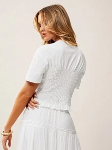 SHEIN Essnce Boho White Tight-Fitting Waisted Short-Sleeved T-Shirt Women's Solid Color Short Sleeve T-Shirt, Minimalist Fashion Casual For Everyday Wear