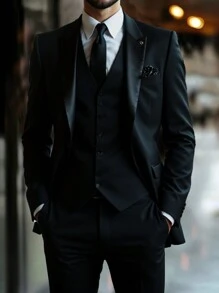 Manfinity Bizformal Men 2pcs Front Button Closure Long Sleeve Pocket Minimalist Top & Pants Suit Set - Black - View 1