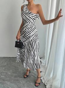 DAZY Vestido midi de mujer con hombros asimétricos oblicuos, parches a rayas, vestido de verano de graduación, vestidos formales de mujer