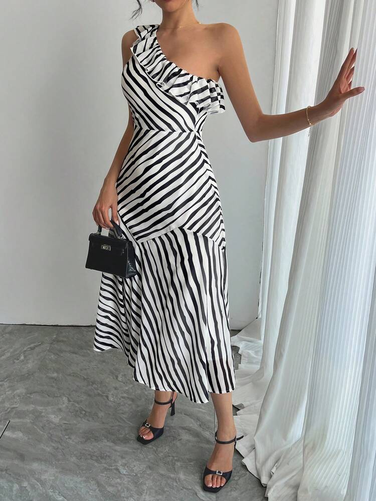 Women's Asymmetric Oblique Shoulder Striped Patchwork Midi Dress Summer Prom Dress,Formal Women Dresses Cocktail Dress