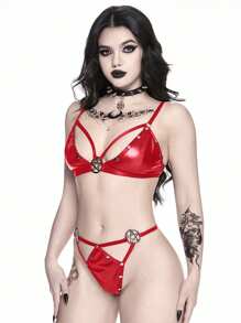 ROMWE Goth 哥特摇滚朋克音乐节铆钉五角星 PU 无线内衣套装 - 紅色 - 查看 5