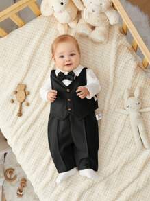 SHEIN 3件套新生儿男/女宝宝可爱秋季绅士套装，包括背心、纯色长袖衬衫、连体衣和裤子，适合生日派对、庆典、婚礼、洗礼、庆祝活动等场合。 - 黑色 - 查看 12