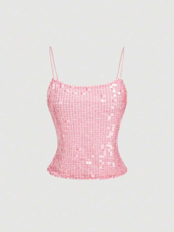 SHEIN MOD Women's Pink Sequin Camisole Top, Summer Sleeveless Sequin Crop Top, Party Wear,Rave Top