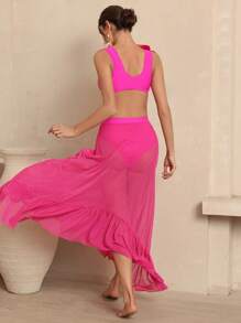 Swim Oasis Women 3D Floral Decor Bikini Top And Bottom Bikini Swimwear Set With Skirt, For Summer Beach Vacation - Hot Pink - View 2