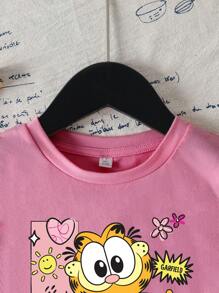 GARFIELD X SHEIN Young Girl Casual Cartoon Cat Print Short Sleeve T-Shirt, Summer