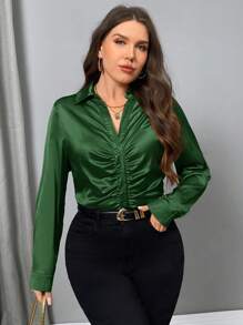 Firerie Plus Size Women Party Gold Elegant Solid Color Pleated Design Blouse - Dark Green - View 5
