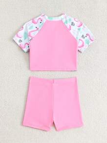 Young Girl Solid Color Splicing Front Button Short Sleeve Bikini Swimwear Set