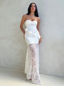 Aloruh Women's Sexy And Elegant Strapless 3D Flowers Lace Mermaid Maxi White Dress Dress Summer Outfits For Women Vacation Outfits Woman Romantic Dresses Summer Dresses For Women White Dresses For Women Prom Dress Beach Outfits For Woman Birthday Dresses For Women Wedding Dress Bridal Maxi Dresses For Women - White - View 2