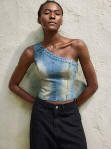 Maija 女装牛仔上衣 复古蓝 斜肩 春夏牛仔上衣 - 中等水洗藍 - 查看 7