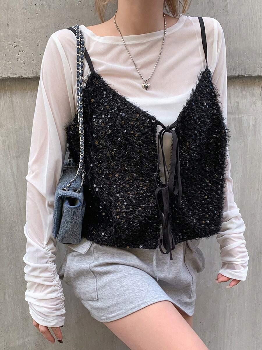 FRIFUL 女士圣诞亮片系带新年闪光上衣 - 黑色 - 查看 1