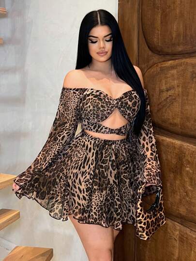 SHEIN SXY Women's Off Shoulder Leopard Print Long Sleeve Casual Short Dress, Old Money, Going Out, Leopard Print, Spring, Summer, Women Clothing Two Pieces, Woman 2 Pieces Outfits, Sexy