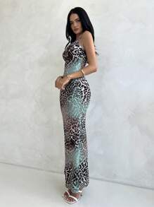 Aloruh 女士春夏季假期珍珠镂空针织豹纹渐变色紧身超长开衩吊带裙