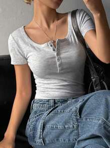 Dazy Star Women Front Button Short Sleeve Casual Top, Everyday Wear Preppy Tops - Light Grey - View 4