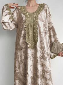 Al Najma Women's Tie Dye Lace Splice Bell Sleeve Arabic Style Dress, Modest Kaftan - Khaki - View 6