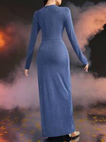 Modelyn Women V-Neck Long Sleeve Twist Waist Elegant Dress - Blue - View 4
