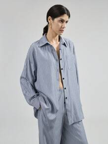 Ontre 2pcs/Set Women Blue Button Front Long Sleeve Pocket Striped Minimalist Top And Pants Set - Black and White - View 5