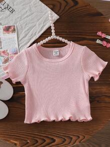 2 件装女宝宝韩版夏季休闲粉色罗纹上衣和米色泡泡裙套装 - 彩色 - 查看 7