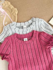 SHEIN LMoss Kids Baby Girls 4pcs Casual Crew Neck Ruffle Trim Ribbed Knit Top And Pants Pajamas Set - Multicolor - View 4