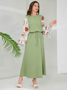 Mulvari Damen Set aus unifarbener Patchwork-Bluse mit Rundhalsausschnitt und Langarm und Rock, 2-teilig