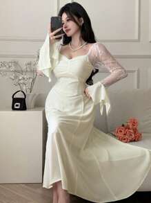 DAZY Spring Elegant Lace Patchwork Pleated Ruffle Sleeve Mid-Length Dress For Women Prom Dress,Fall Dress Long Sleeve Dress - Beige - View 7