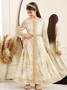 SHEIN Tween Girls Casual Round Neck Geometric Retro Pattern Stitching Dress, Suitable For Ramadan - Gold - View 1