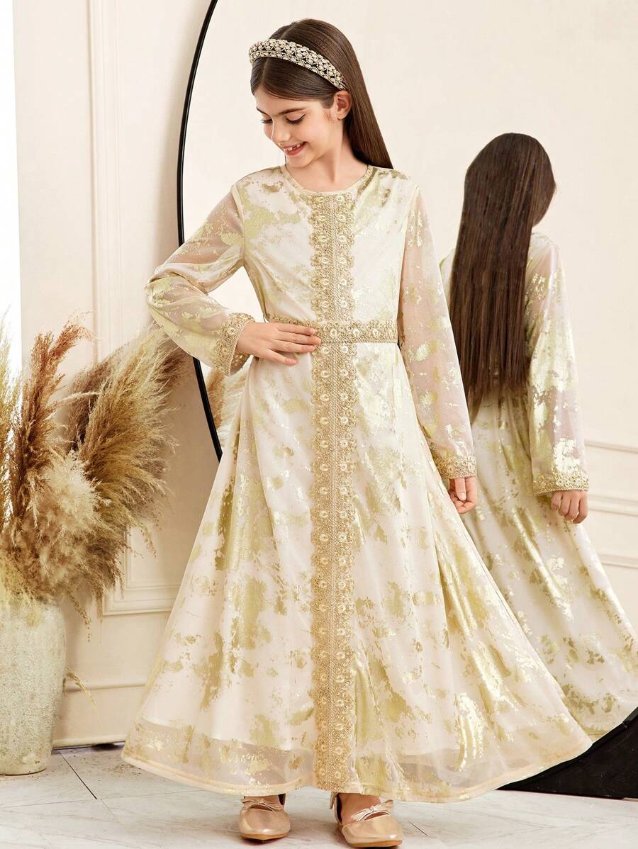 SHEIN Tween Girls Casual Round Neck Geometric Retro Pattern Stitching Dress, Suitable For Ramadan - Gold - View 1