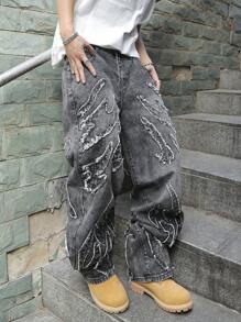 Manfinity Roghcode Men's Casual Pocket Frayed Hem Simple Denim Jeans - Dark Grey - View 4