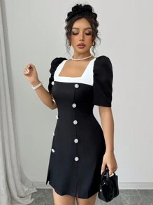 Elenzga 女士优雅撞色方领短袖连衣裙