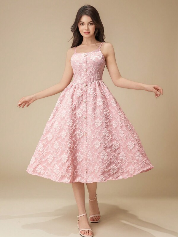 Teen Girl Bridesmaid Floral Jacquard Button Front Sleeveless Midi Dress, Suitable For Wedding, Birthday Party, Performance